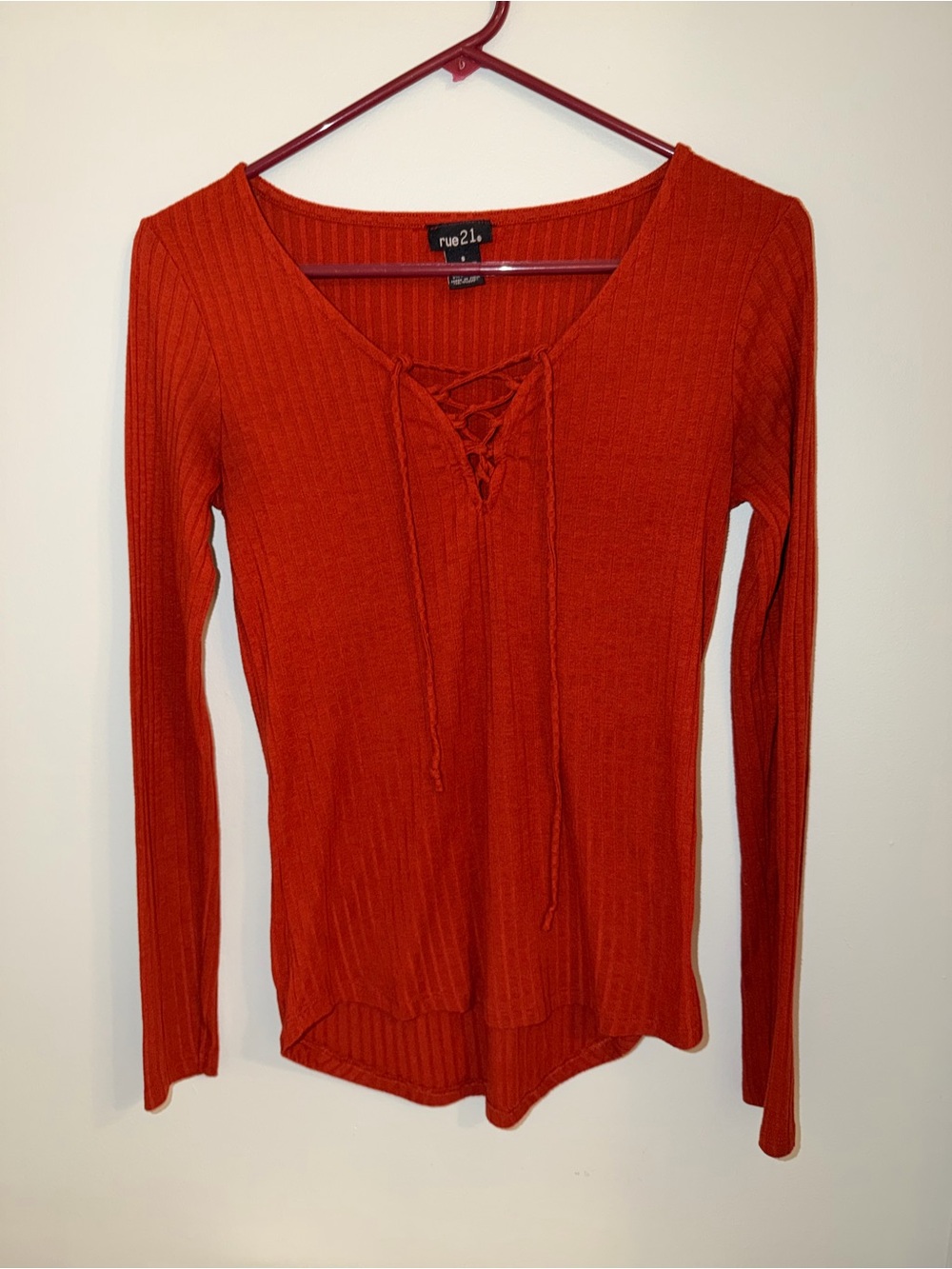 Rue21 Burnt Orange Ribbed Lace-Up Long Sleeve Tee